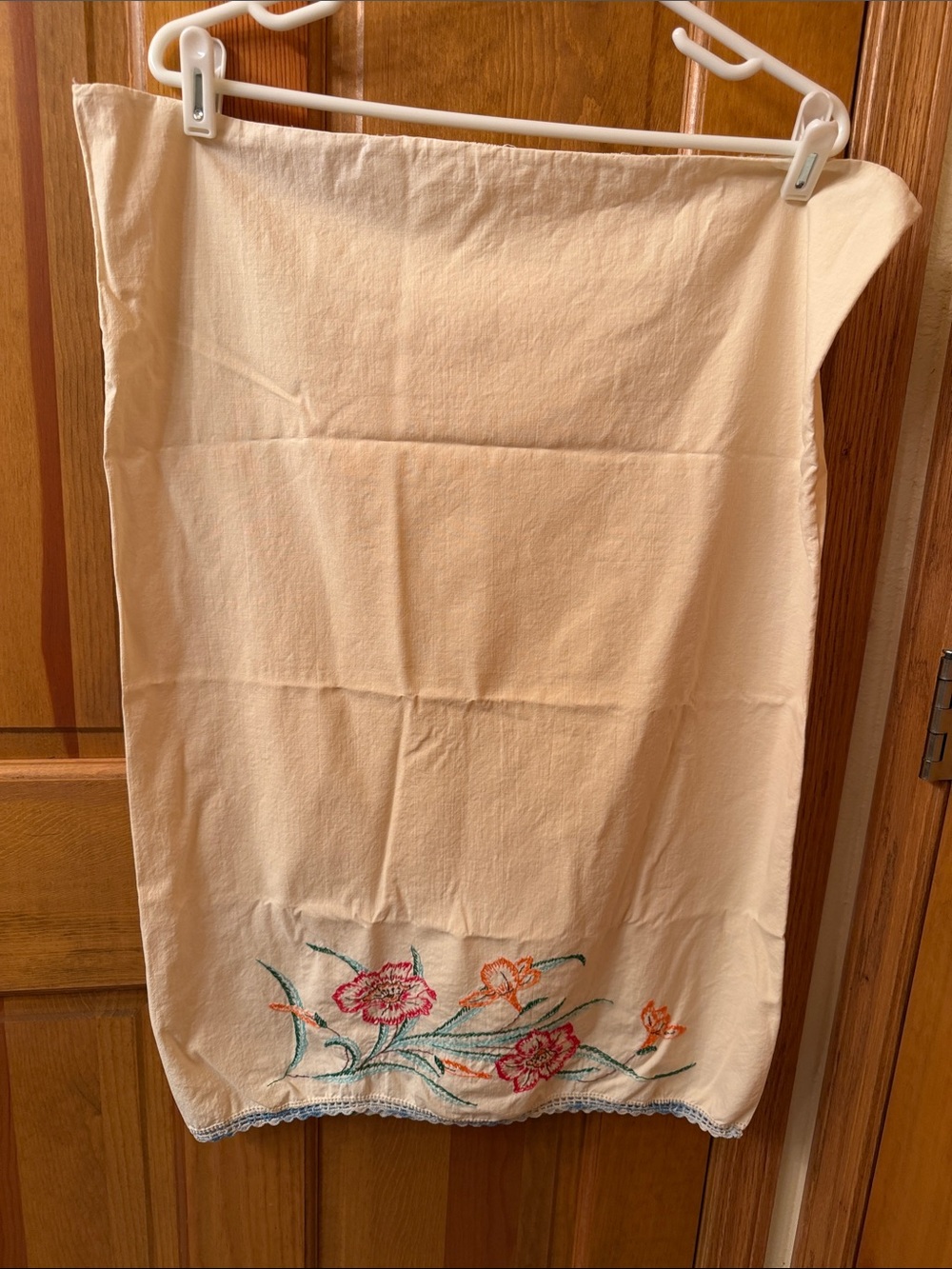 Embroidered Cream Floral Pillowcase Cover with Pink & Orange Accents